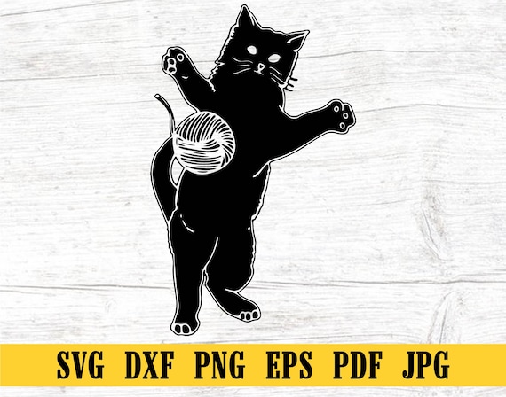Cat Playing, Ball of Yarn and Cat, Cute Cat SVG, Cat SVG, Black
