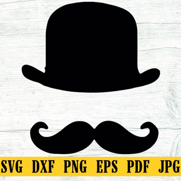 Bowler hat and moustache ,Mustache Hat Svg, Bow Tie Mustache Clip Art, Commercial Use, Silhouette