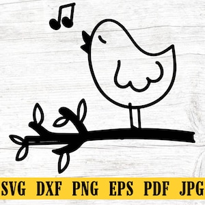 May include: Black and white line art illustration of a bird singing on a branch with leaves. The bird is perched on a branch with leaves and is singing a song.