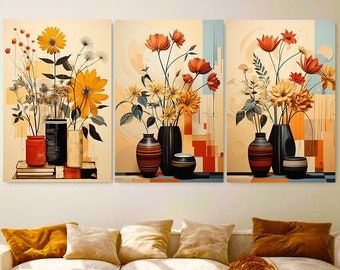 Set of 3 Abstraction Prints, Floral Bouquet BOHO Art, Printable Wall Art, Digital Download Decor