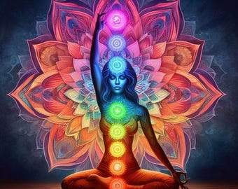 May include: A woman sits in a lotus pose with her arms raised, surrounded by a colorful mandala. Seven chakras are depicted along her spine, each a different color: red, orange, yellow, green, blue, indigo, and violet.