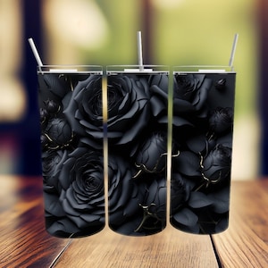 3D Black Roses Tumbler Wrap, Rose Tumbler Design, 20 oz Skinny Tumbler Sublimation Design, Straight And Tapered Tumbler Wrap, Download PNG