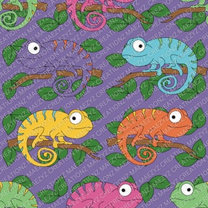 Puede incluir: Un patrón sin costuras con camaleones de dibujos animados coloridos en ramas con hojas verdes sobre un fondo morado.