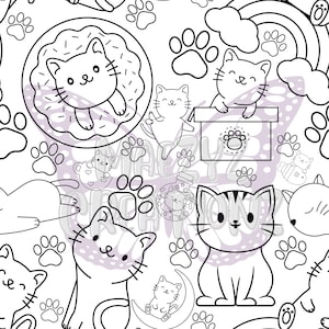 May include: A black and white seamless pattern featuring cute cartoon cats in various poses. The cats are surrounded by paw prints, hearts, and other whimsical designs.