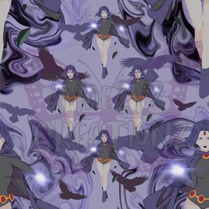 May include: A repeating pattern featuring the character Raven from Teen Titans. Raven is depicted with dark hair, a black cape, and a red gem on her forehead. The background has a swirling purple and black design with crow silhouettes.