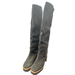 Black Suede Knee-High Platform Boots – Leather Sole, Block Heel, Size 8