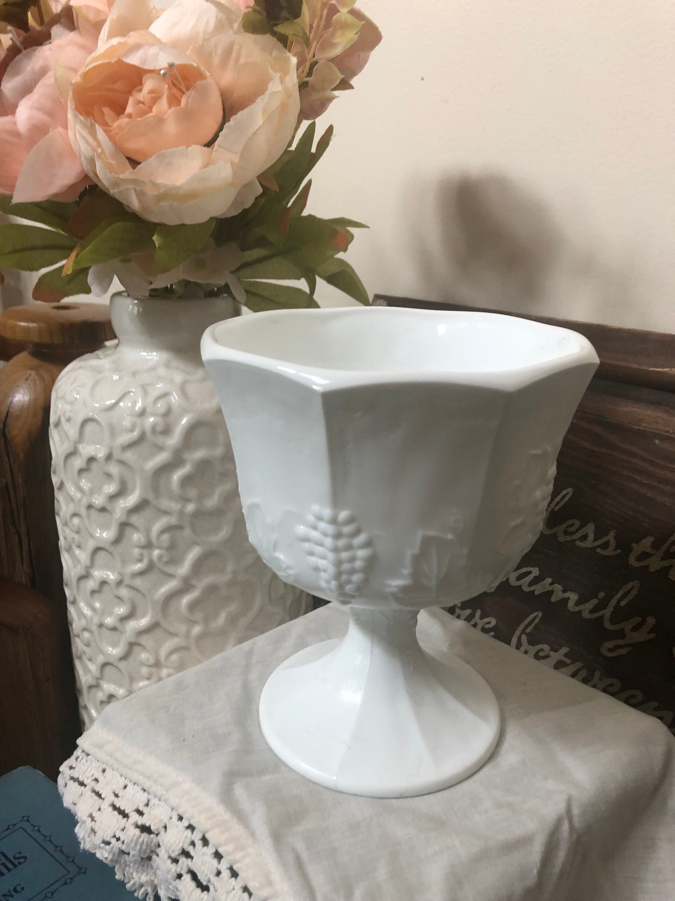 Vintage Milk Glass Pedestal Bowl Compote, Milk Glass Harvest Grape