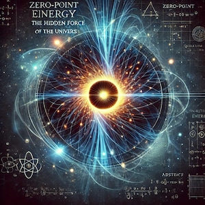 May include: A digital art print with a dark blue and black background featuring a bright yellow and orange circle in the centre. The circle is surrounded by blue and white lines that radiate outwards. The image is overlaid with white text that reads "ZERO-POINT EINERGY THE HIDDEN FORCE OF THE UNIVERS".