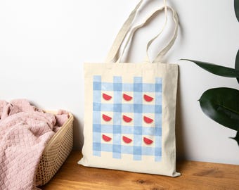 Watermelon Print Tote Bag, Watermelons Cotton Canvas Shopper Bag, Cute Summer Bag Gift for Her, Fruit Tote Bag, Fruit Collection, Beach Bag