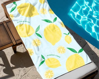 Lemon Beach Towel, Custom Name Summer Towel, Citrus Fruit Print, Lemons Decor, Vacation Beach Towel for Her, Personalized Bachelorette Towel