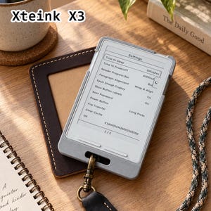 May include: A light gray protective case for the Xteink X3 e-reader. The case features a rectangular frame with a bottom cutout for a lanyard attachment. The screen displays a settings menu with options like Time to Sleep, Poweroff, and File Transfer.