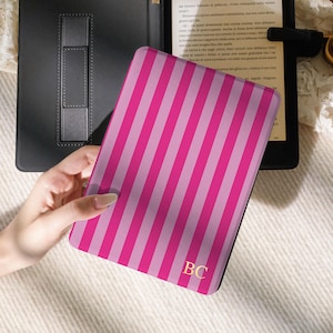 Personalized Fuchsia Stripe Gold Foil Initials Case,Kindle Paperwhite 11th/12th Cover, Kobo Clara Case With Back Clear,Auto Wake/Sleep Case
