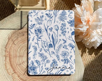 Botanical Blue Kindle 12th 7 Case,Floral E-Reader Cover with Hand Strap, Kobo Case with Back Clear, Auto Wake/Sleep Case for Kindle 11th Gen