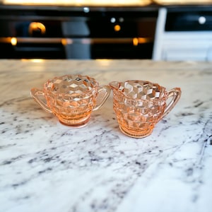 Vintage Pink Depression Cream and Sugar Dish Set, Sugar Bowl, Creamer Glassware