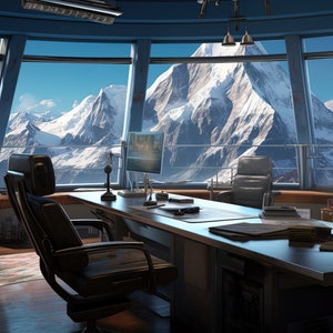 Pode incluir: Um escritório moderno com uma grande mesa e uma confortável cadeira de couro. O escritório tem uma vista panorâmica de montanhas cobertas de neve através de grandes janelas.