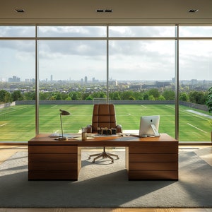 Może przedstawiać: Nowoczesne biuro z dużym oknem wychodzącym na zielone pole i panoramę miasta. Biuro wyposażone jest w duży drewniany stół z skórzanym krzesłem, regał na książki i doniczkową roślinę.