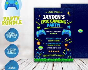 Gaming Party Bundle - Beschriftete Einladungen, Chip Bag, Capri-Sonne, Malbuch & Aktivitäten - 20+ Designs!