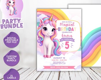 Einhorn Party Bundle - Individuelle Etiketten, Einladungen, Chip-Tasche, Capri-Sonne, Malbuch & Aktivitäten - 20+ Designs!