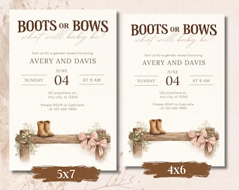 Stiefel oder Bögen Geschlecht offenbaren Einladungsvorlage, Western Country Baby offenbaren einladen, bearbeitbare Canva, 5x7 4x6 druckbare, digitaler Text einladen