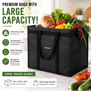 May include: A black reusable grocery bag with the brand name homemell printed in white. The bag is filled with fresh produce and bread. Text on the image includes PREMIUM BAGS WITH LARGE CAPACITY, 16"L x 9"W x 13"H, and STRONG. SPACIOUS. RELIABLE.