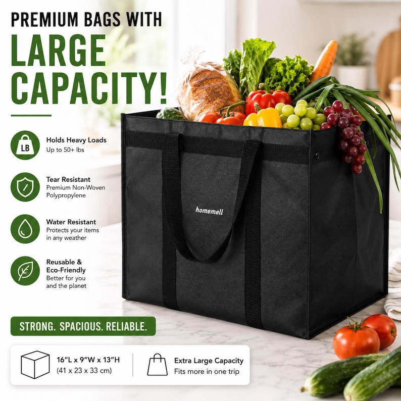 May include: A black reusable grocery bag with the brand name homemell printed in white. The bag is filled with fresh produce and bread. Text on the image includes PREMIUM BAGS WITH LARGE CAPACITY, 16"L x 9"W x 13"H, and STRONG. SPACIOUS. RELIABLE.