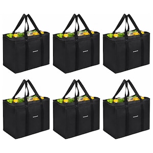 May include: A set of six rectangular black reusable shopping bags with sturdy handles and a flat base. Each bag features the white text "homemall" on the front and is filled with various canned goods and green produce items for storage.