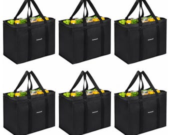 May include: A set of six rectangular black reusable shopping bags with sturdy handles and a flat base. Each bag features the white text "homemall" on the front and is filled with various canned goods and green produce items for storage.