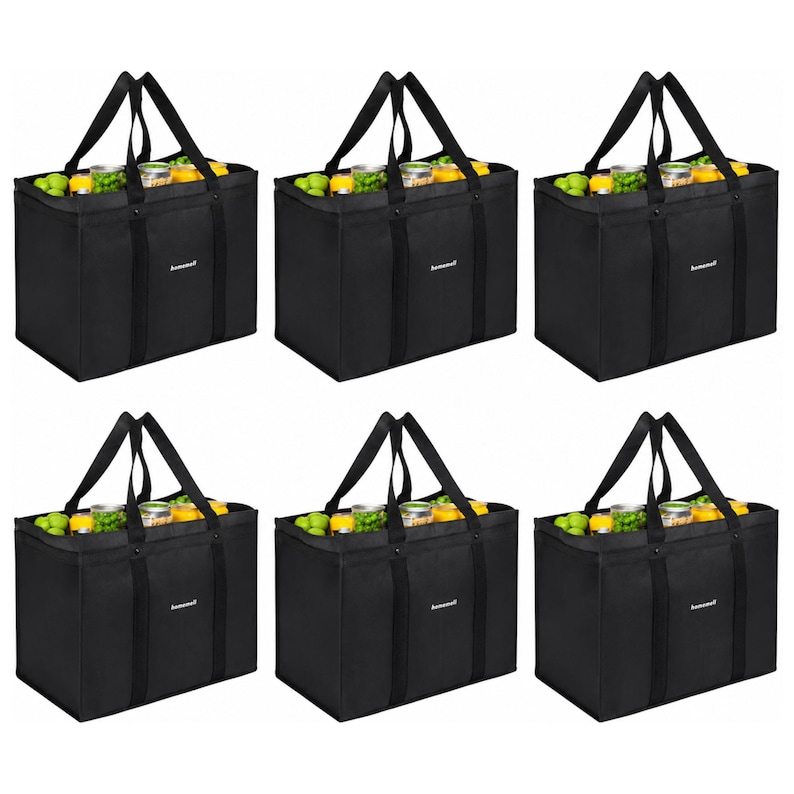 May include: A set of six rectangular black reusable shopping bags with sturdy handles and a flat base. Each bag features the white text "homemall" on the front and is filled with various canned goods and green produce items for storage.