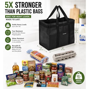 May include: A black rectangular reusable shopping bag with two handles, measuring 16 inches long, 9 inches wide, and 13 inches high. The bag is surrounded by various grocery items including a gallon of milk, bread, eggs, and canned goods.