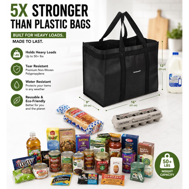 May include: A black rectangular reusable shopping bag with two handles, measuring 16 inches long, 9 inches wide, and 13 inches high. The bag is surrounded by various grocery items including a gallon of milk, bread, eggs, and canned goods.