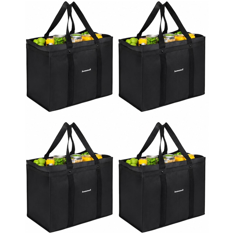 May include: A set of four rectangular black reusable grocery bags with sturdy handles and a flat base. Each bag features the white text "homemall" printed on the front and is filled with various canned goods and green produce items.