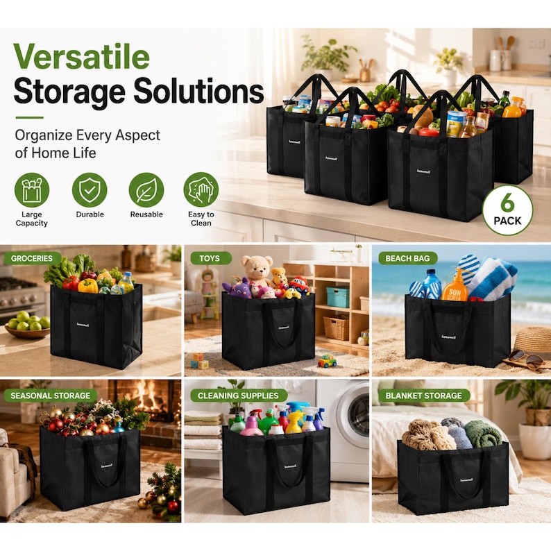 May include: A set of six black rectangular reusable storage bags with sturdy handles. The bags are shown in various settings, filled with groceries, toys, beach items, seasonal decorations, cleaning supplies, and blankets for home organization.