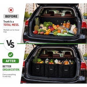 May include: A comparison of a car trunk filled with loose groceries labeled BEFORE and a trunk with three black rectangular fabric storage bags containing the same groceries labeled AFTER, showing improved organization and transport efficiency.