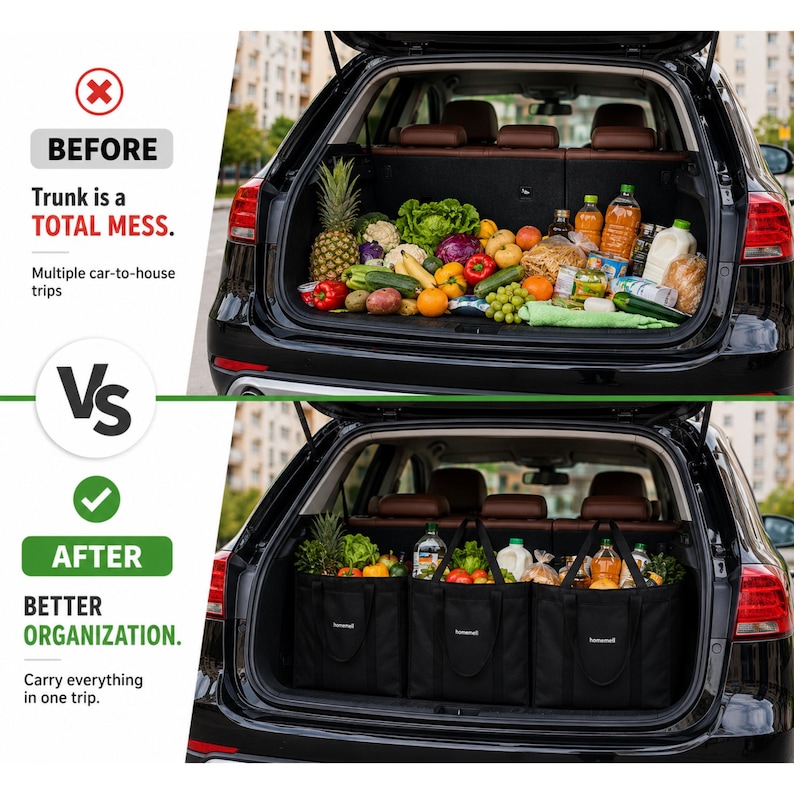 May include: A comparison of a car trunk filled with loose groceries labeled BEFORE and a trunk with three black rectangular fabric storage bags containing the same groceries labeled AFTER, showing improved organization and transport efficiency.