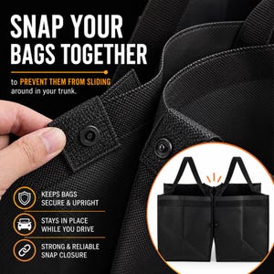 May include: Black reusable shopping bags featuring a snap closure mechanism. The text reads: SNAP YOUR BAGS TOGETHER to PREVENT THEM FROM SLIDING around in your trunk. KEEPS BAGS SECURE & UPRIGHT, STAYS IN PLACE WHILE YOU DRIVE, STRONG & RELIABLE SNAP CLOSURE.