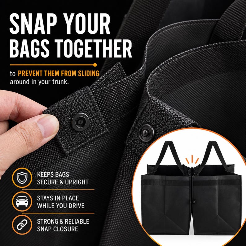 May include: Black reusable shopping bags featuring a snap closure mechanism. The text reads: SNAP YOUR BAGS TOGETHER to PREVENT THEM FROM SLIDING around in your trunk. KEEPS BAGS SECURE & UPRIGHT, STAYS IN PLACE WHILE YOU DRIVE, STRONG & RELIABLE SNAP CLOSURE.