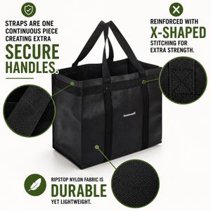 May include: A black rectangular tote bag with the brand name "homemell" printed in white. The bag features continuous straps, X-shaped stitching for reinforcement, and is constructed from a textured ripstop nylon fabric material.