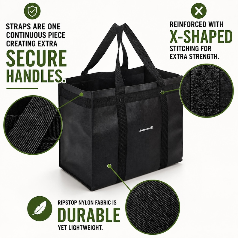 May include: A black rectangular tote bag with the brand name "homemell" printed in white. The bag features continuous straps, X-shaped stitching for reinforcement, and is constructed from a textured ripstop nylon fabric material.