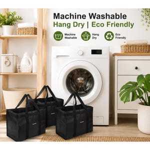 May include: Three rectangular black fabric storage bags with sturdy handles and a small white label. The text above reads Machine Washable, Hang Dry, and Eco Friendly, accompanied by corresponding icons for laundry care and sustainability.