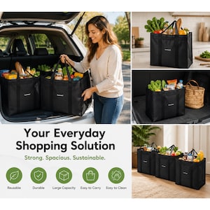 May include: A set of black, rectangular, reusable shopping bags with sturdy handles, shown filled with various groceries. The bags feature a structured design and a small white logo on the front. Text on the image reads: Your Everyday Shopping Solution.