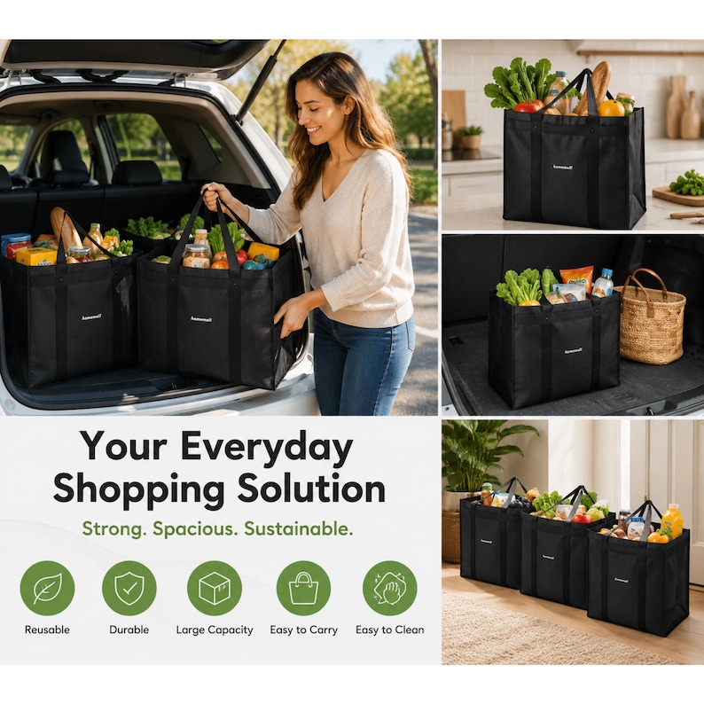 May include: A set of black, rectangular, reusable shopping bags with sturdy handles, shown filled with various groceries. The bags feature a structured design and a small white logo on the front. Text on the image reads: Your Everyday Shopping Solution.