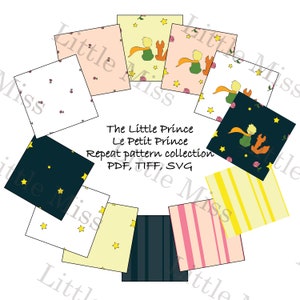 Puede incluir: Un conjunto de 10 patrones de papel digital con el Principito y su zorro. Los patrones son de varios colores y diseños, incluyendo estrellas, rayas y patrones florales. El texto "The Little Prince Le Petit Prince Repeat pattern collection PDF, TIFF, SVG" está incluido en la imagen.