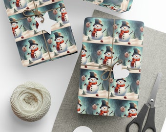 Winter Snowman Gift Wrapping Paper, Fine Gift Wrap, Holiday Wrapping Paper, Pretty Christmas Gift Paper Roll, Unique Xmas Wrap, Kid Gift