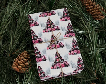 Vintage Pink Christmas Tree Gift Wrapping Paper, Fine Gift Wrap, Holiday Wrapping Paper, Pretty Pink Christmas Gift Wrap, Unique Xmas Wrap