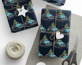 Vintage Turquoise Blue Holiday Truck Giftwrap Paper, Fine Gift Wrap, Holiday Wrapping Paper, Gift Wrapping, Gift Wrap, Gift Wrap Xmas Wrap