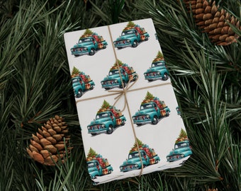 Vintage Turquoise Blue Holiday Truck, Christmas Tree Gift Wrapping Paper, Fine Gift Wrap, Holiday Wrapping Paper, Christmas Gift, Xmas Wrap