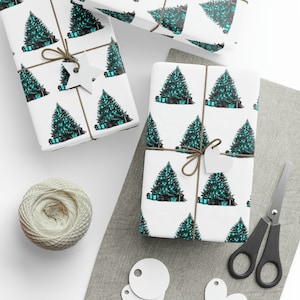 Vintage Turquoise Blue Christmas Tree Gift Wrapping Paper, Fine Gift Wrap, Holiday Wrapping Paper, Pretty Christmas Gift Wrap, Blue Xmas
