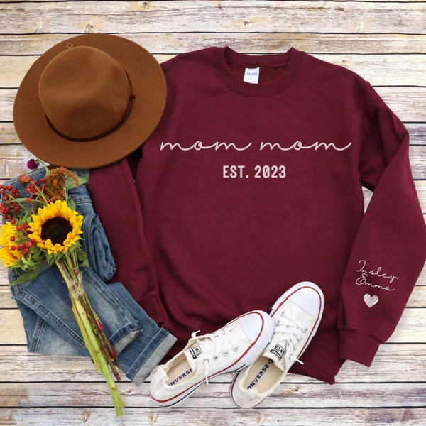 Custom MomMom Sweatshirt with Kid Name on Sleeve, Personalized Mom Mom Sweater, MomMom Custom Gift for Mother, Grandmom Gift for Her Hoodies