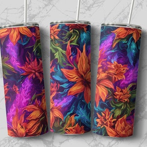 Neon Floral 20oz Sublimation Tumbler Designs, Straight Skinny Tumbler Wrap PNG, Sublimation Design PNG
