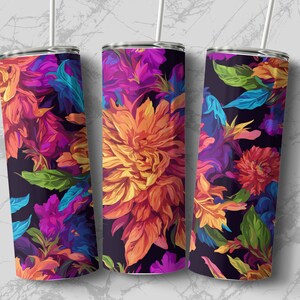 Neon Floral 20oz Sublimation Tumbler Designs, Straight Skinny Tumbler Wrap PNG, Sublimation Design PNG
